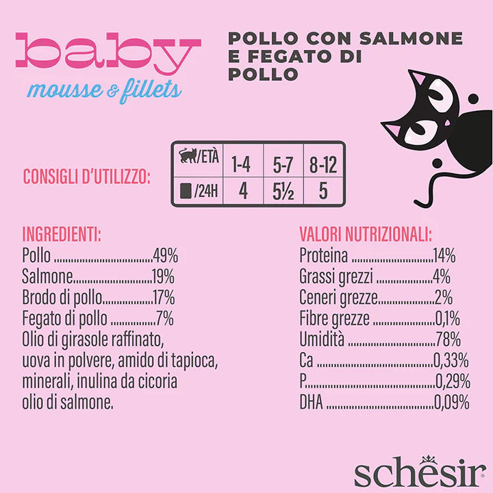 Schesir Baby Pollo con salmone e fegato di pollo mousse e filetti 3x55g