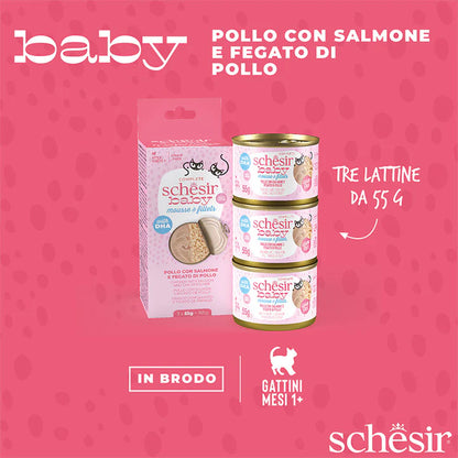 Schesir Baby Pollo con salmone e fegato di pollo mousse e filetti 3x55g